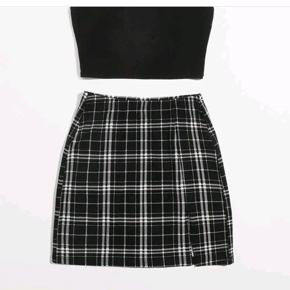 SHEIN unity solid cami top & split hem plaid skirt set - Picture 2 of 3